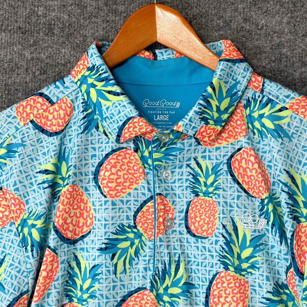 Good Good Golf Mens Large Pineapple Leopard Print Performance Polo Shirt Blue